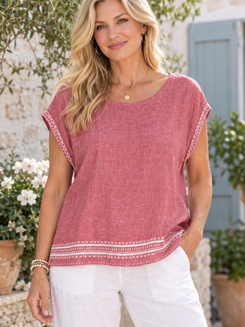Sigrid Olsen Pink Linen Blend Embroidered Button Back Top Size M